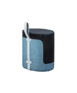 Pouf nero e azzurro con maniglia in ecopelle, 38x32,5x43 cm